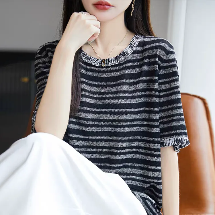 25新款常规条纹国潮新风短袖夏季天丝亚麻少女风流苏针织短袖上衣