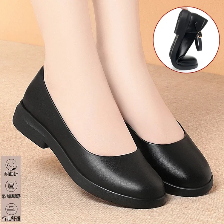 平底圆头妈妈单鞋真皮鞋一脚蹬浅口软底防滑女士百搭上班工作黑鞋
