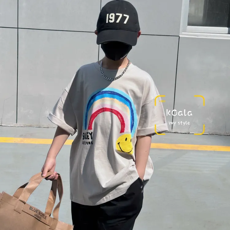 夏季男宝可亲子宽松休闲圆领韩版短袖彩虹字母印花图案