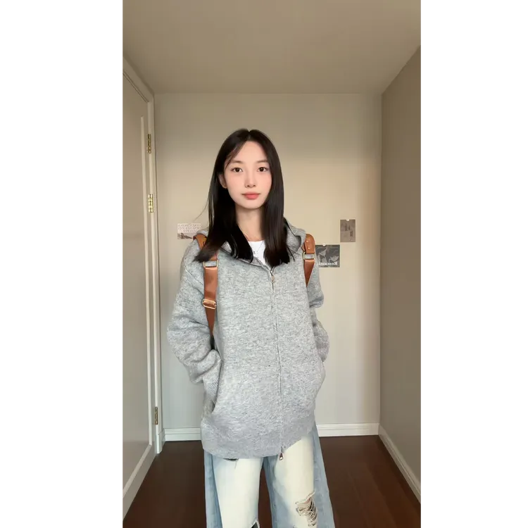 cleanfit花灰色双拉链连帽针织卫衣男秋季慵懒风宽松学院毛衣外套
