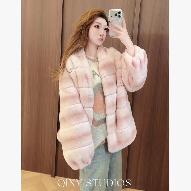 QIXIAOYAO.皮草丝绒青紫蓝兔皮毛一体皮草外套冬季新#YTNXQ25T21