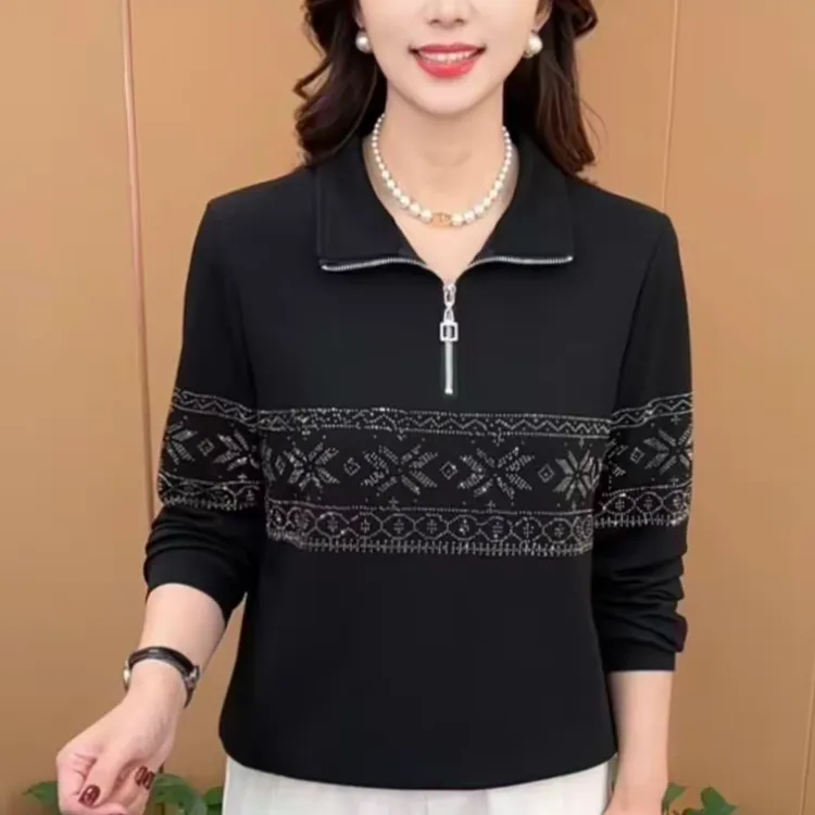 秋季新款时尚洋气长袖卫衣显瘦减龄休闲拼接烫钻半拉链翻领上衣女
