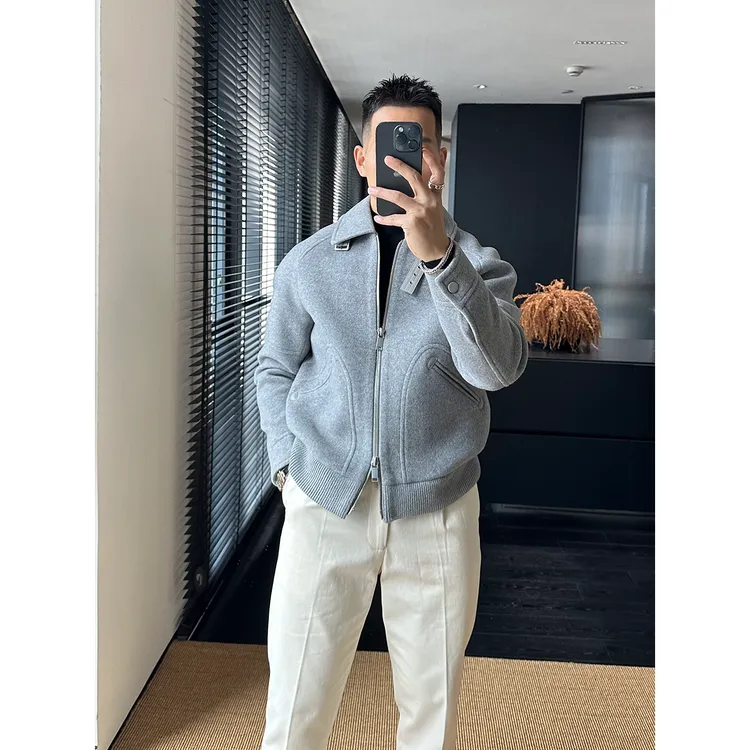 DAN LANG 432# 重磅羊毛翻领镶皮夹克