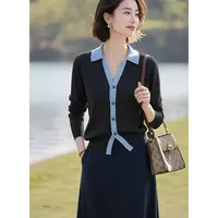 假两件毛衣针织衫女春秋小香风撞色拼接上衣洋气宽松外搭开衫外套