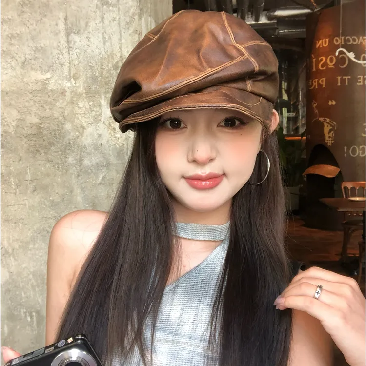 英伦复古褶皱废土风皮质贝雷帽女夏季街头辣妹个性显脸小八角帽子