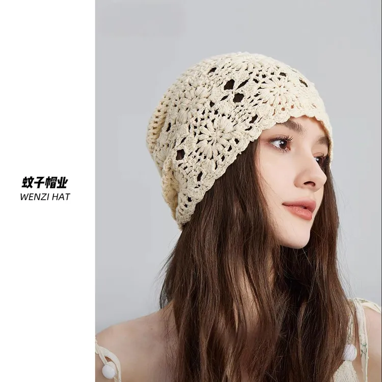 蚊子薄款毛线帽2024秋冬新款手工堆堆帽包头帽遮白发帽子镂空帽子