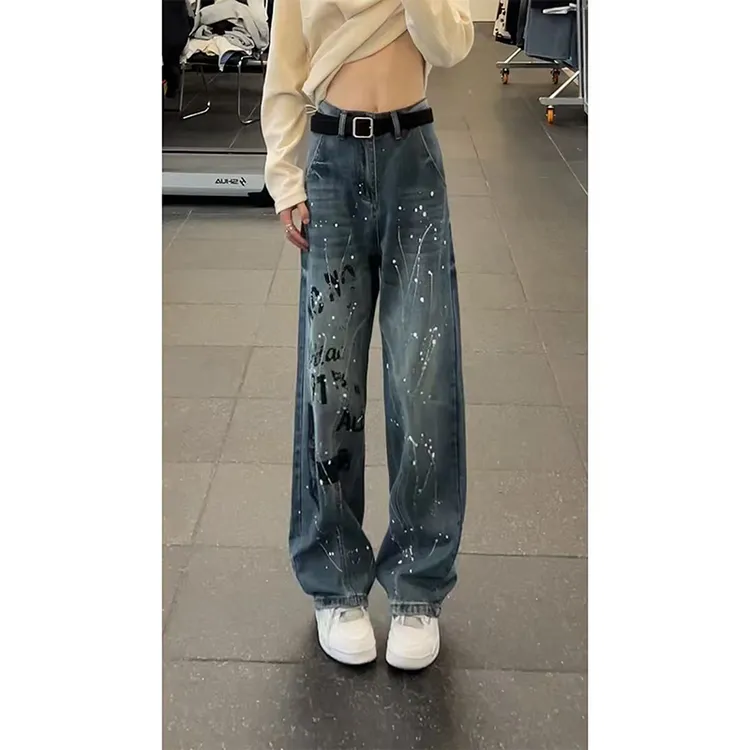 美式高街喷墨设计感直筒牛仔裤男女款水洗做旧复古宽松阔腿休闲裤