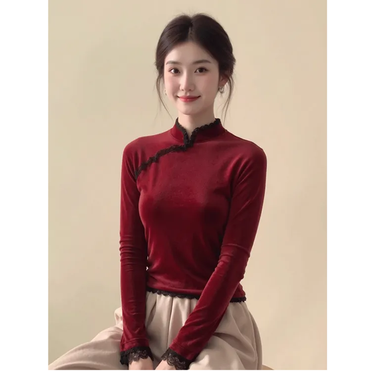 新中式温柔感酒红色立领蕾丝边时髦上衣2025秋冬独特漂亮国风小衫