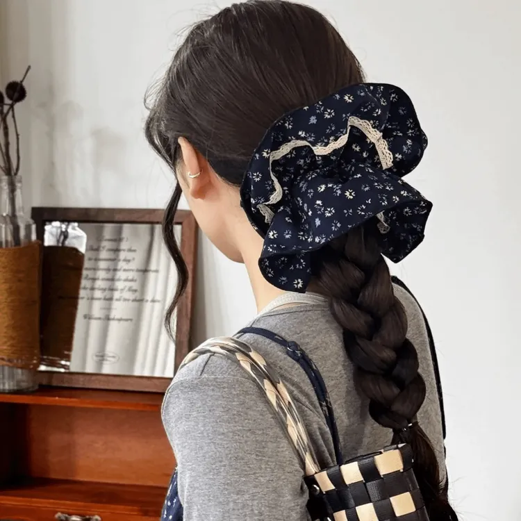 超大田园风文艺碎花蕾丝气质褶皱裙边款发圈精致蕾丝氛围感发饰女