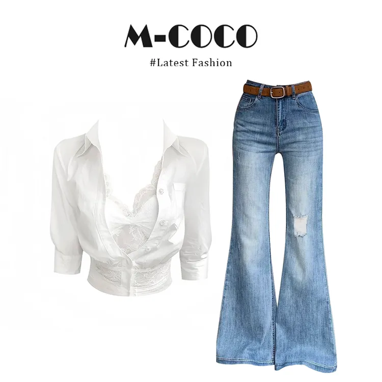 MARIE.COCO白色收腰蕾丝修身长袖衬衫2025新款高腰显瘦牛仔裤套装
