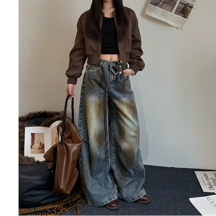 美式复古脏染设计飒酷风弯刀牛仔裤女2025早秋新款宽松垂感裤子
