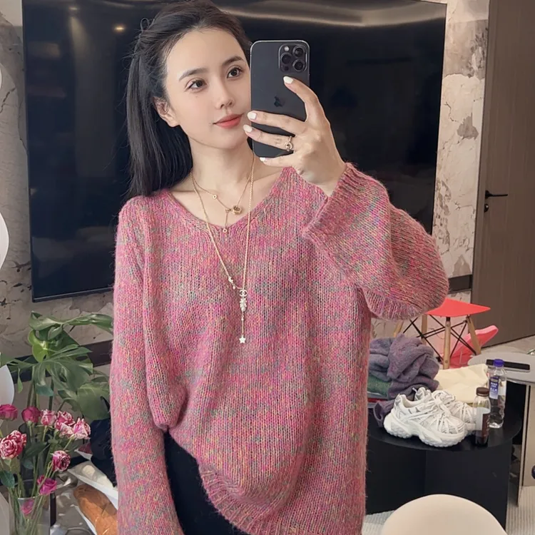 慵懒风V领长袖女2025秋季宽松显瘦休闲百搭毛衣针织设计感上衣