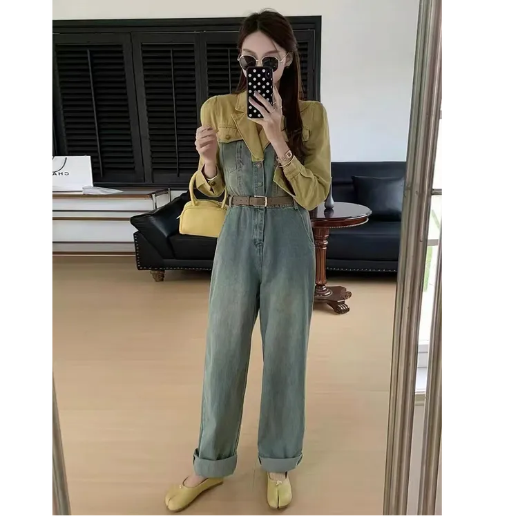 2025早秋新款时尚气质韩版高腰直筒阔腿收腰牛仔套装连体裤女