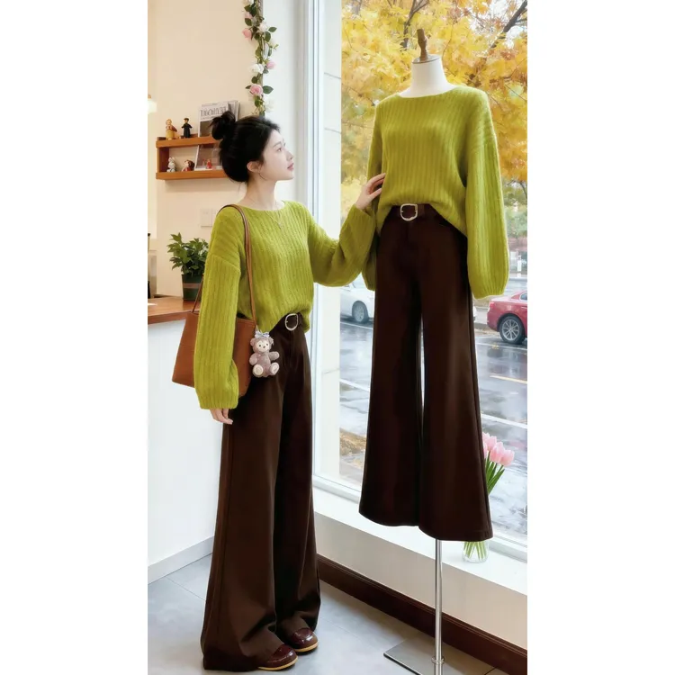 早秋气质穿搭一整套女2025新款韩系通勤风针织上衣显瘦微喇裤套装