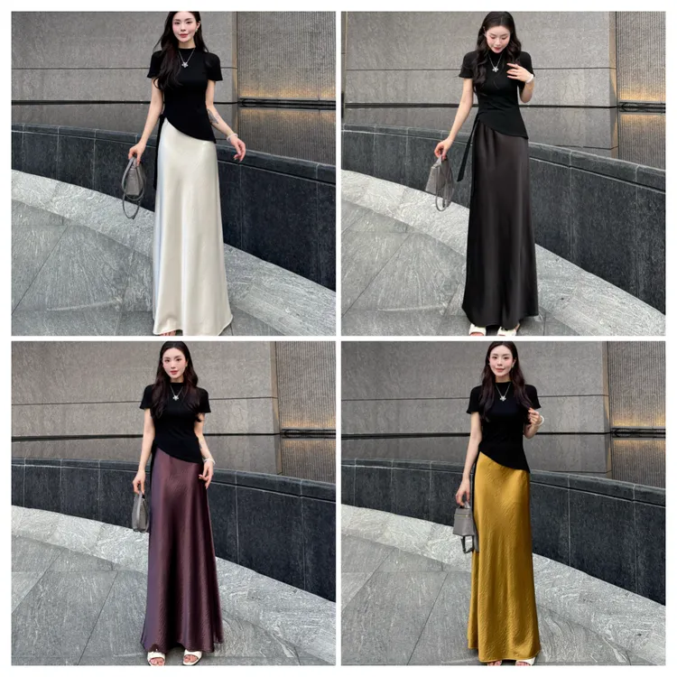 春夏新款气质百搭显瘦高腰A版松紧腰缎面丝滑半身长裙