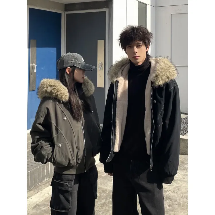 FALLME秋冬新款复古连帽棉服男女款时尚加绒保暖厚座山雕毛领外套