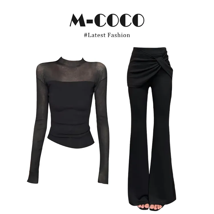 INS CEC纯欲辣妹风微透拼接立领长袖针织衫上衣显瘦喇叭裤套装