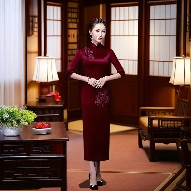 喜妈妈礼服2025新款爆款高端大气喜婆婆婚礼服装敬酒服酒红色旗袍