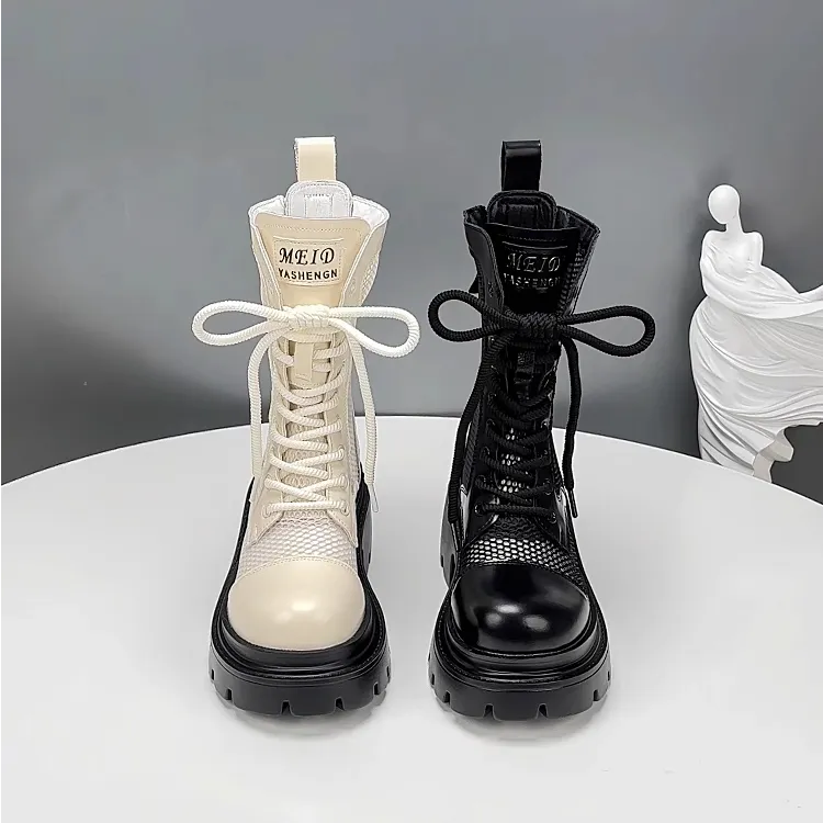 真皮网纱凉靴女2025新款春夏季透气镂空小个子增高厚底中筒马丁靴