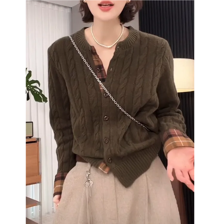 长袖针织衫女2025秋冬新款韩版宽松设计感上衣时尚撞色毛衣外套潮