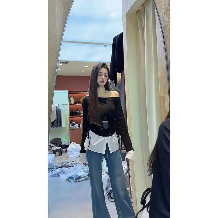 假两件拼接长袖T恤辣妹纯欲一字肩上衣微喇叭牛仔裤拖地裤2025夏