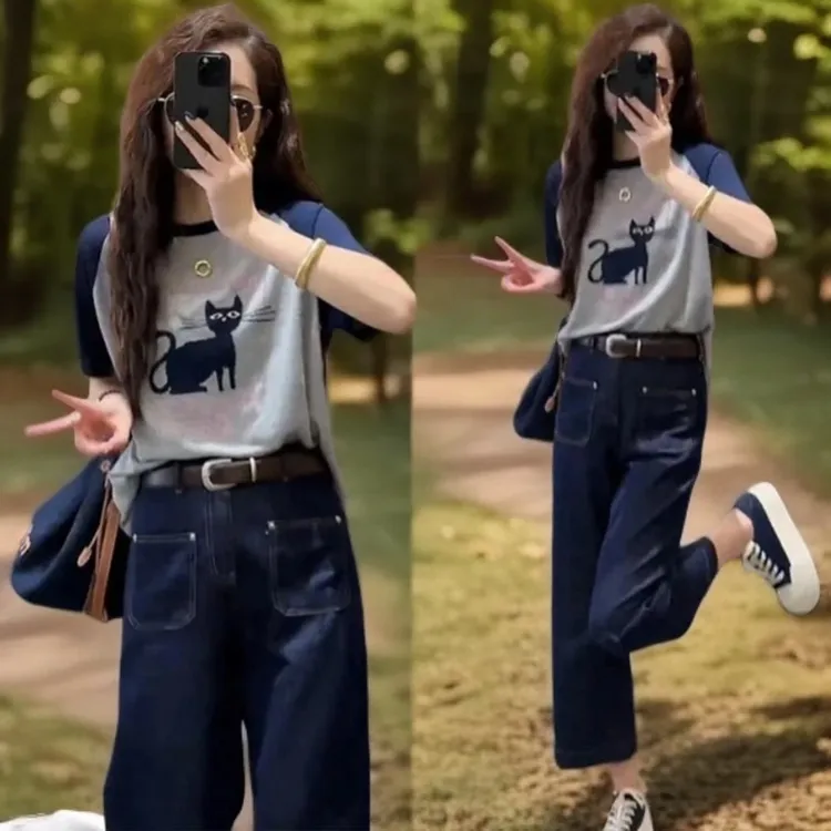 韩系简约时尚气质灰色上衣两件套女士2025夏季小众阔腿牛仔裤套装