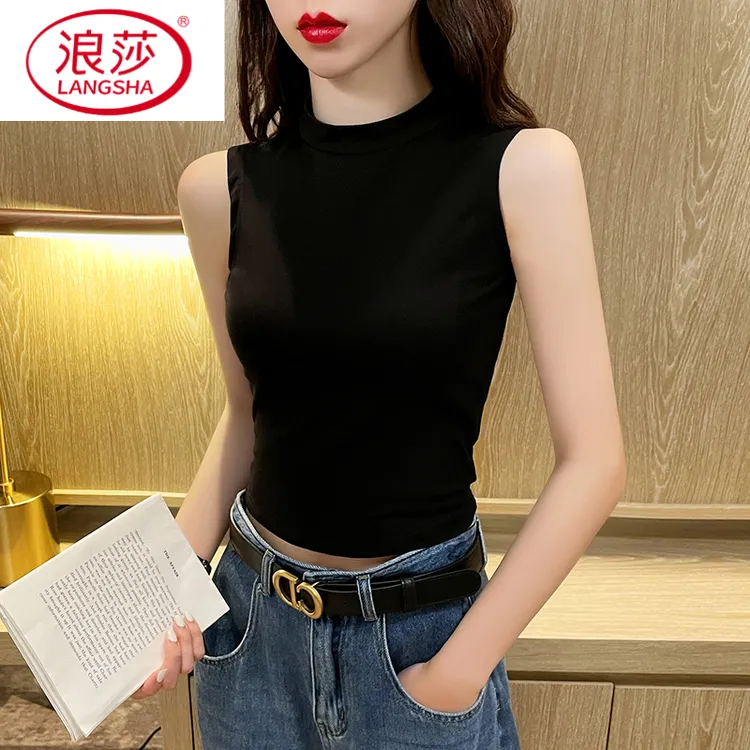浪莎黑色半高领小背心女外穿夏2025高档无袖T恤内搭修身显瘦