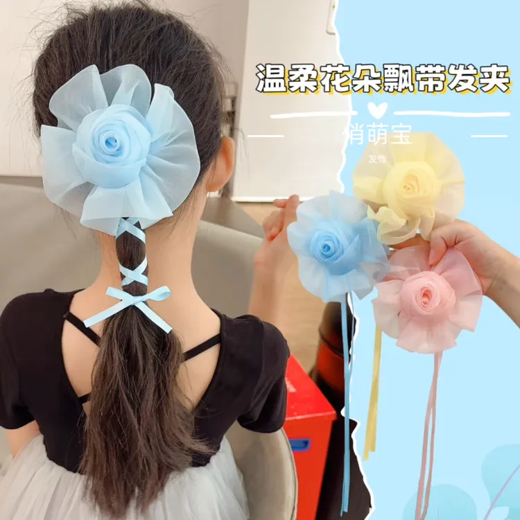 网纱玫瑰花朵飘带发夹女侧边碎发刘海夹后脑勺半扎发鸭嘴发卡头饰
