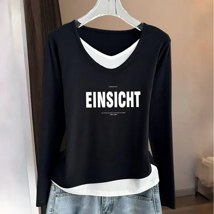 2025秋季新款大码胖mm假两件正肩长袖T恤打底衫时尚显瘦百搭上衣