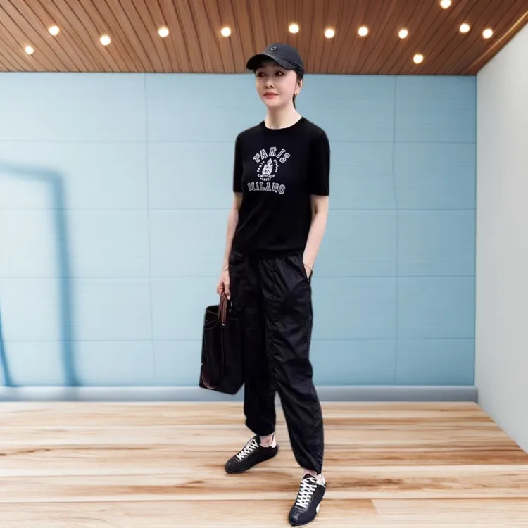 2025秋季新款印花字母包袖风短袖圆领T恤套装时尚宽松显瘦女