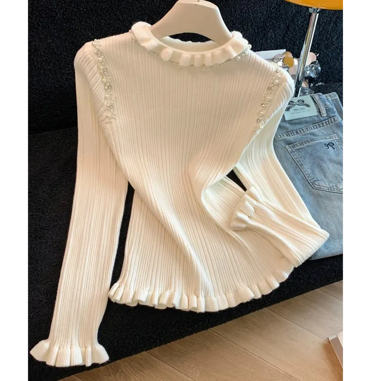 巨好看灰色木耳边针织衫女秋冬季上衣内搭修身重工钉珠设计感毛衣