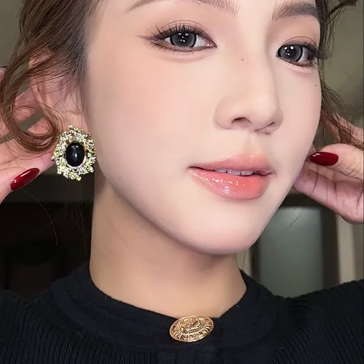 合金耳饰 复古风设计感时尚百搭黑色椭圆金属夸张耳环