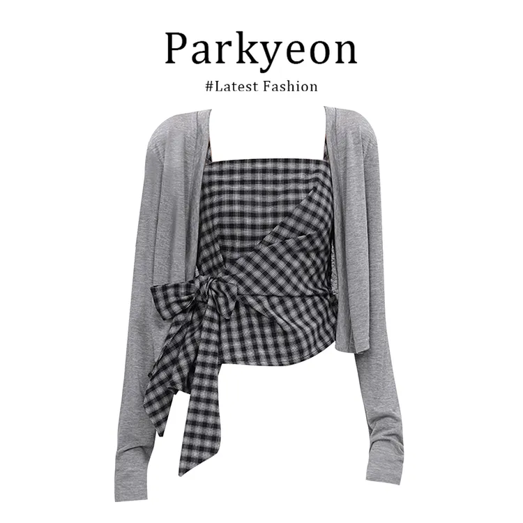 parkyeon韩系慵懒松弛感格子吊带+开衫两件套秋季百搭绑带上衣