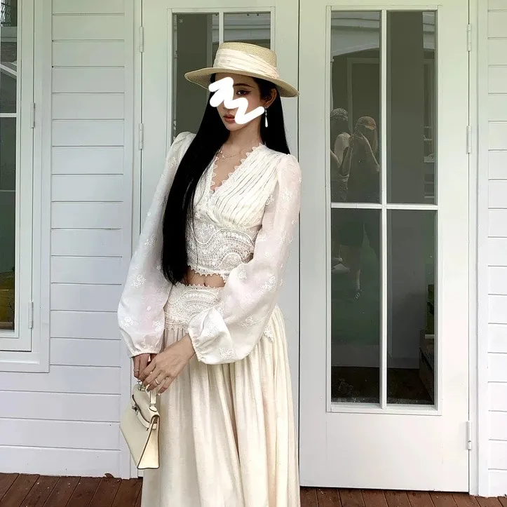 老钱风套装女高腰褶皱气质长袖蕾丝雪纺衫上衣优雅拼接半身长裙女