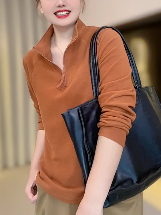 秋冬新款立领拉链加厚保暖上衣女宽松显瘦百搭气质妈妈外穿打底衫