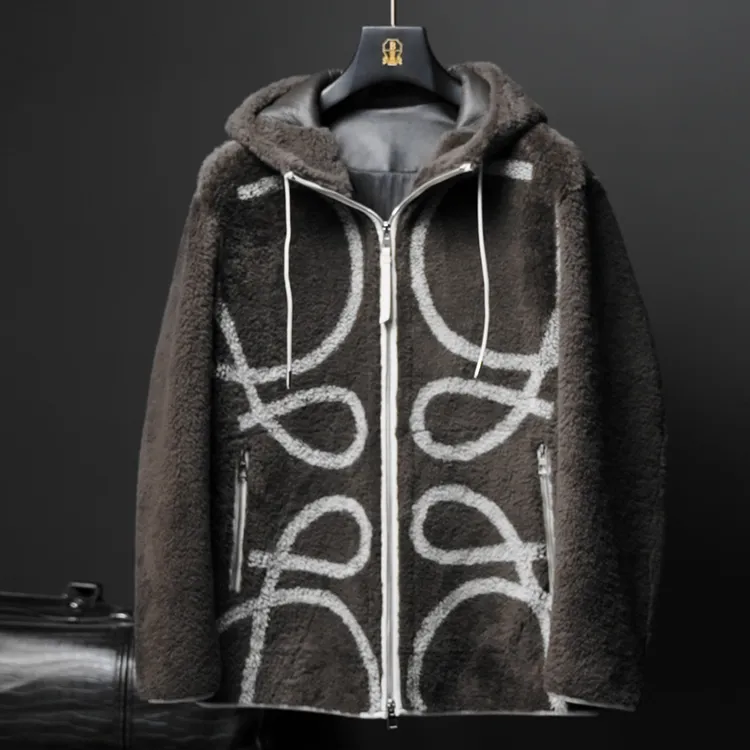 言吉男装高端皮毛一体翻领外套2024冬季新款保暖外套YJMD8269