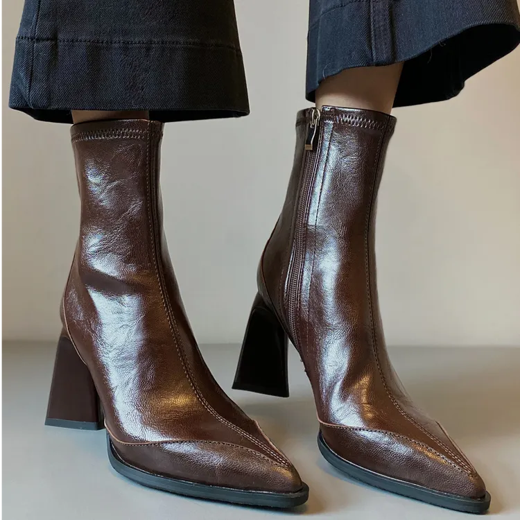 真皮尖头气质复古秋冬款高跟靴后拉链粗跟百搭短靴女弹力瘦瘦靴