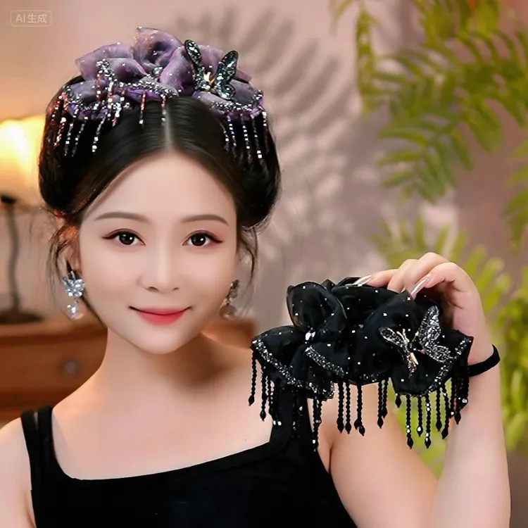 (鹩动碟飞)韩式双层蝴蝶结流苏抓夹时尚轻奢在逃公主夏盘发鲨鱼夹