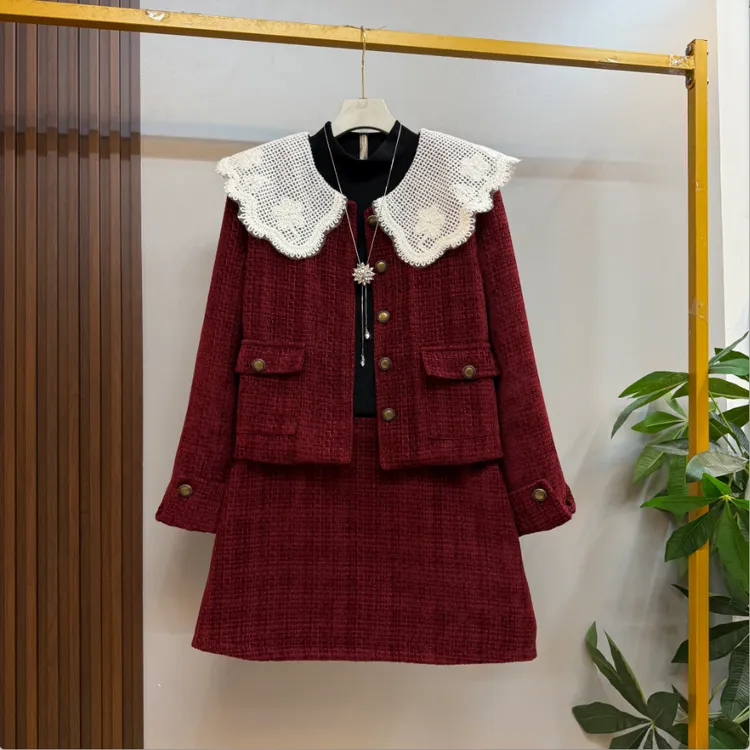 新款大码女装时尚洋气温柔小香风夹棉外套短裙优雅显瘦两件套套装