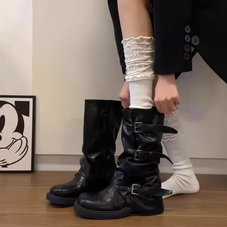 皮带扣褶皱厚底中筒靴女2025秋冬季新款爆款裤管西部靴ins潮靴子
