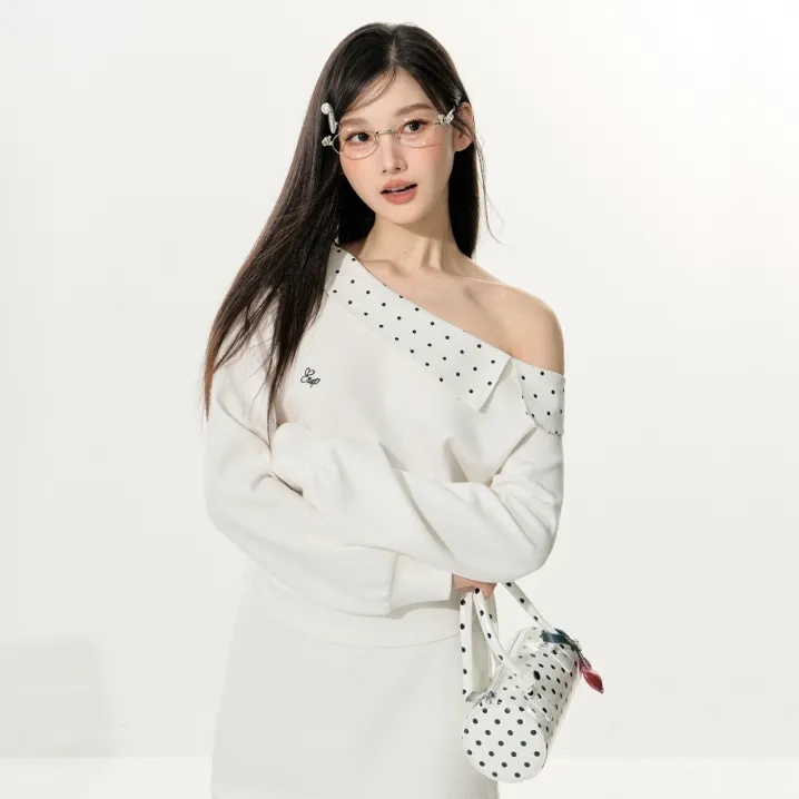 ELEVEN SLEEP秋季斜肩长袖t恤女波点拼接设计感修身显瘦韩系套装