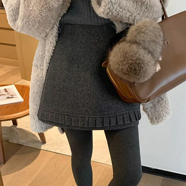 【半分糖】8296 冬季时尚花边A字短裙显瘦高腰拉链裙子简约