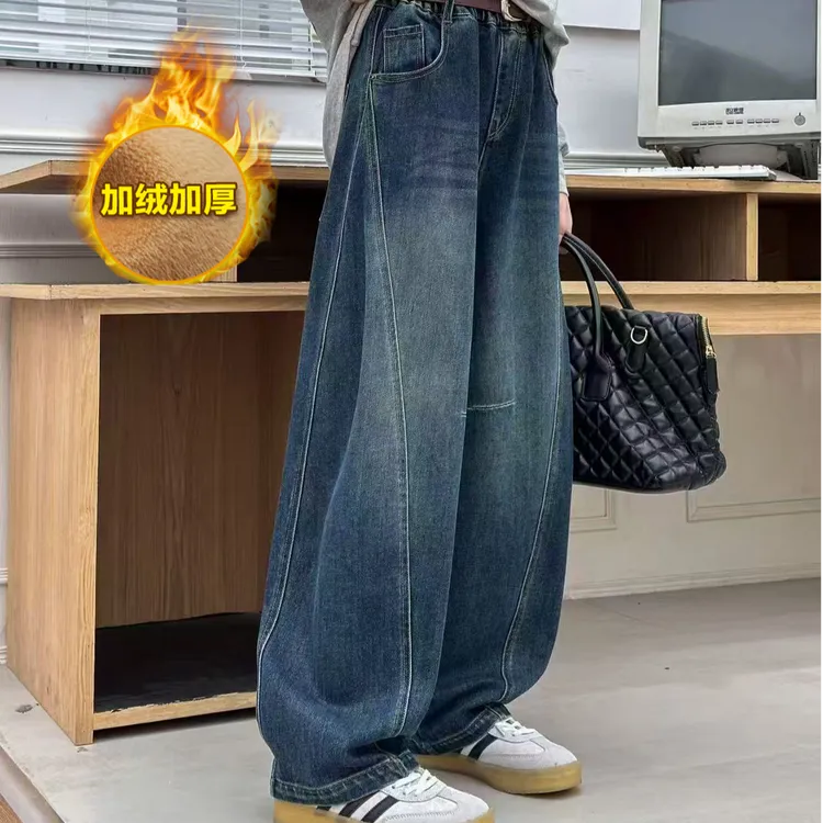 【 遮肉显瘦款 】冬季女童加绒加厚牛仔裤女大童牛仔裤女童裤子-750