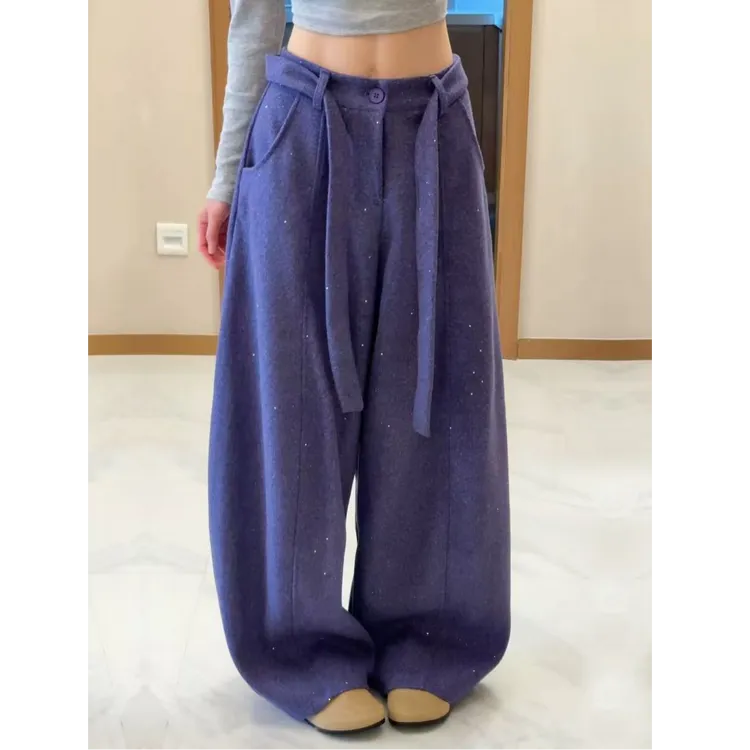 （送腰带）今年流行爆款独特超好看裤子宽松慵懒风弯刀裤毛呢长裤