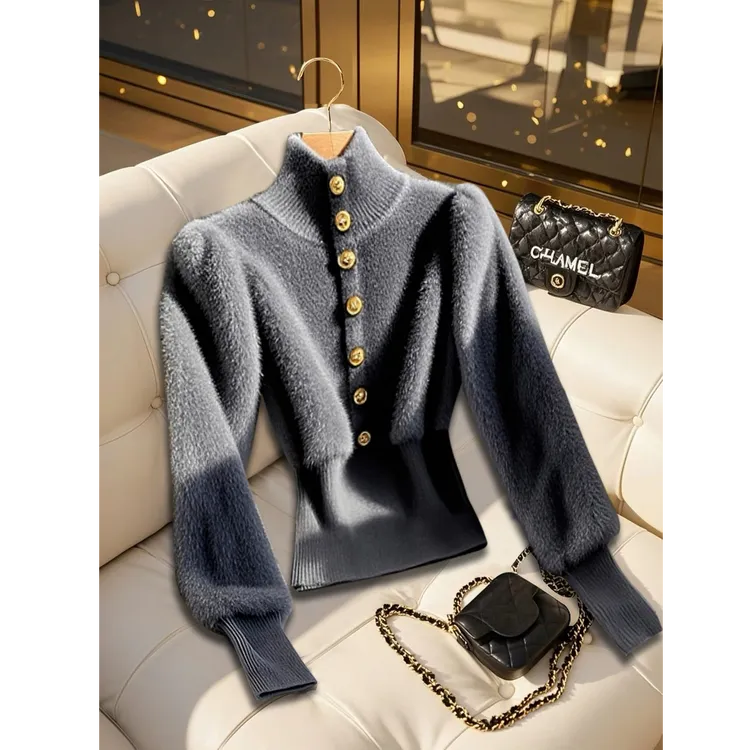 【现货】韩系独特别致软糯慵懒风灰色高领针织毛衣打底衫女洋气内搭