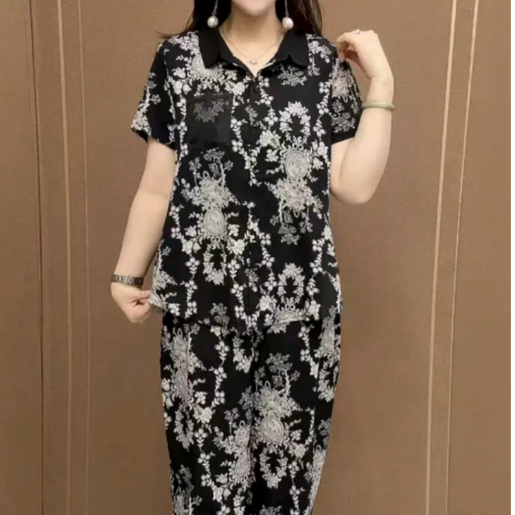 休闲时尚两件套2025夏季新款中老年妈妈高档气质洋气复古简约套装