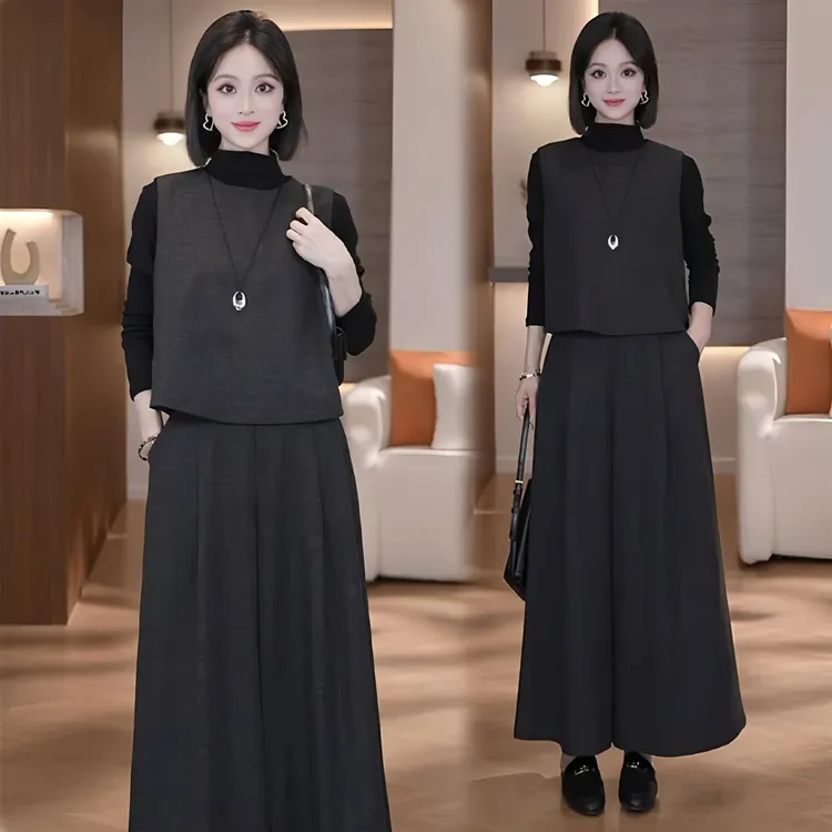 时尚套装女2025秋季新款洋气宽松显瘦马甲长袖打底衫阔腿裤三件套