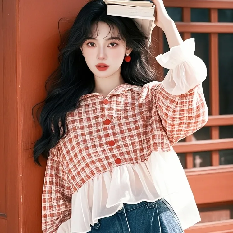 2025春季新款小衫超好看独特漂亮洋气设计感红色格纹拼接娃娃衫女