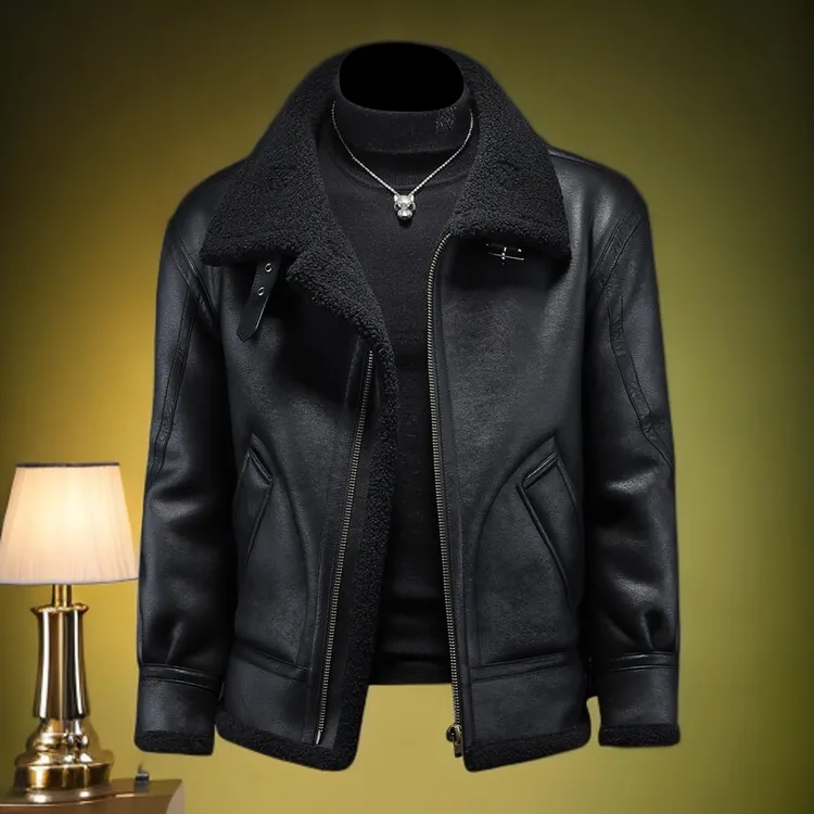 维斯克纳羊羔毛加绒加厚皮毛一体夹克男外套机车潮牌冬季新款复古