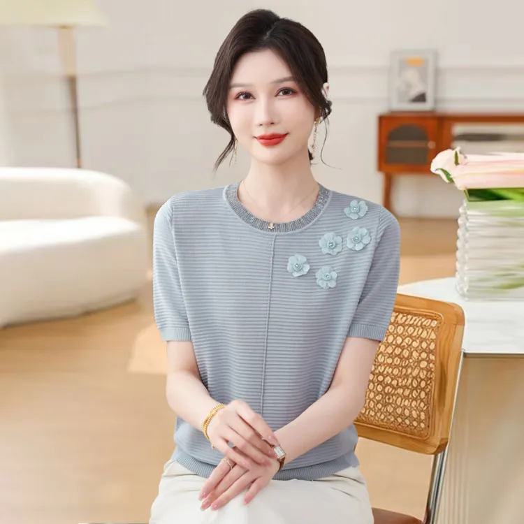 气质圆领洋气百搭中老年女装妈妈冰丝t恤夏季薄款t恤宽松大码中年